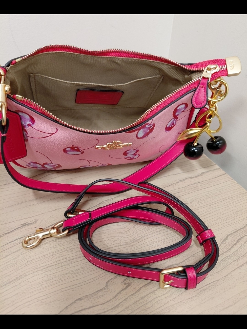 Coach Pink Cherry-Print Mini Shoulder Bag with Gold Hardware - Picture 5 of 7
